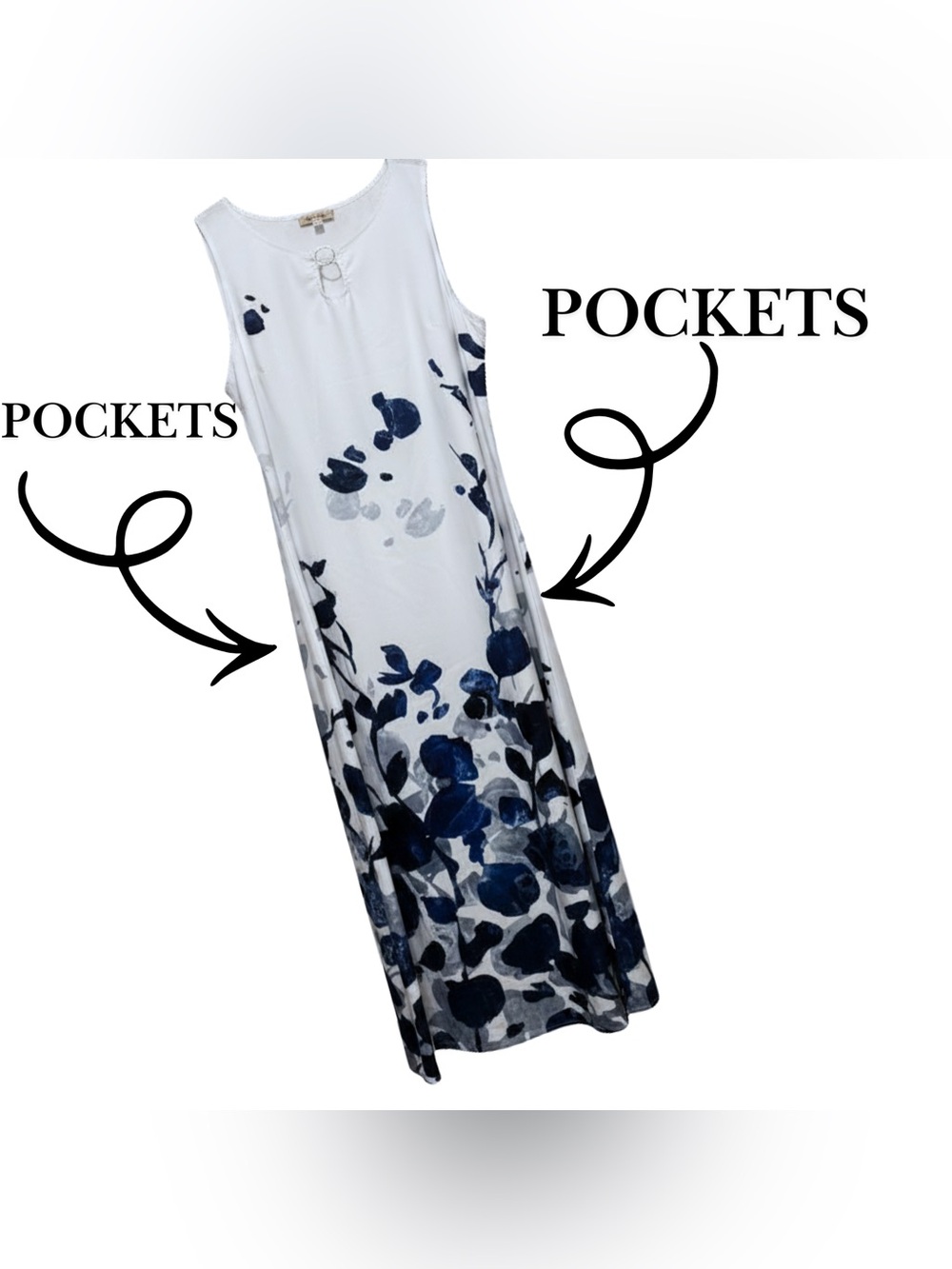 Women’s White Blue Floral Maxi Dress Sleeveless Keyhole Neck Beach Casual Flowy - Picture 2 of 6